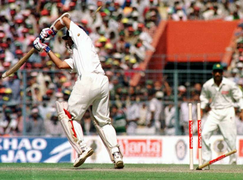 Sachin Tendulkar is bowled for a golden duck by Shoaib Akhtar. AFP