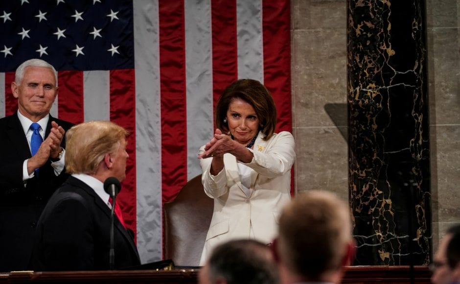 House Speaker Nancy Pelosi and Vice President Mike Pence sat behind the president as he gave his address. Pelosi had previously denied Trump permission to give his speech during the 35-day government shutdown that ended on 26 January. Reuters House Speaker Nancy Pelosi and Vice President Mike Pence sat behind the president as he gave his address. Pelosi had previously denied Trump permission to give his speech during the 35-day government shutdown that ended on 26 January. Reuters