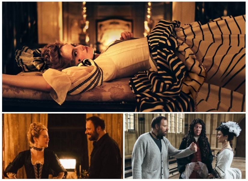 (Top)Emma Stone as Abigail Masham in The Favourite; Yorgos Lanthimos directs Stone (L) and Weisz (R) on set. Fox Searchlight