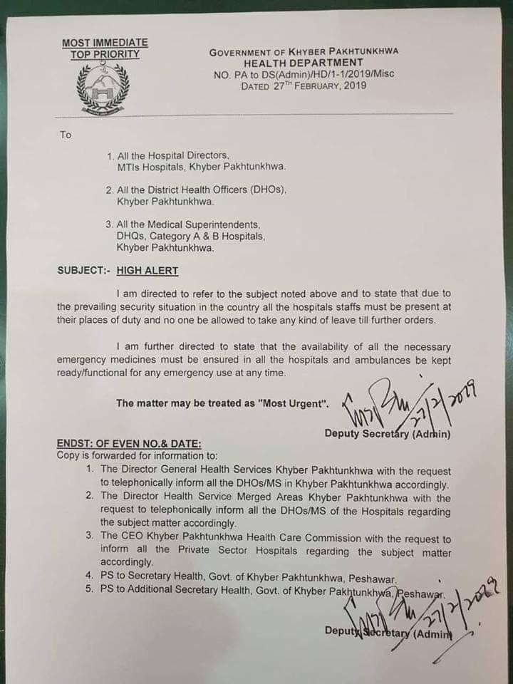Pakistan puts all Khyber Pakhtunkhwa hospitals on alert, asks them to stock up on medicines, emergency supplies Pakistan puts all Khyber Pakhtunkhwa hospitals on alert, asks them to stock up on medicines, emergency supplies