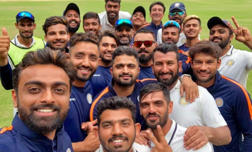 Members of Saurashtra pose for a post-match selfie. Image courtesy: Twitter : @JUnadkat 
