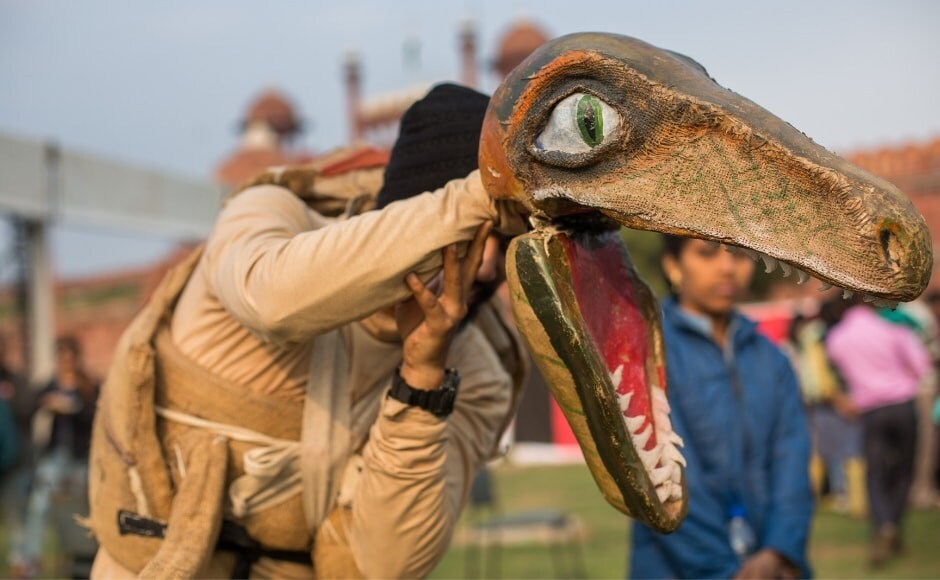 A dinosaur from the Katkatha puppeteers who walked and danced through the festival, entertaining the crowds. A dinosaur from the Katkatha puppeteers who walked and danced through the festival, entertaining the crowds.