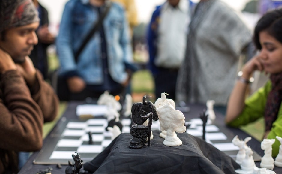 Enhanced chess performance talking about the dangers of violence with non-traditional chess pieces made out of wax by Smita Urmila Rajmane. Enhanced chess performance talking about the dangers of violence with non-traditional chess pieces made out of wax by Smita Urmila Rajmane.