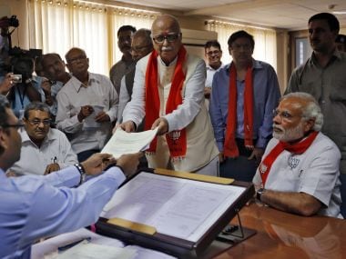 A file photo from 2014 after senior BJP leader LK Advani filed his nomination. Prime Minister Narendra Modi is also present. Reuters