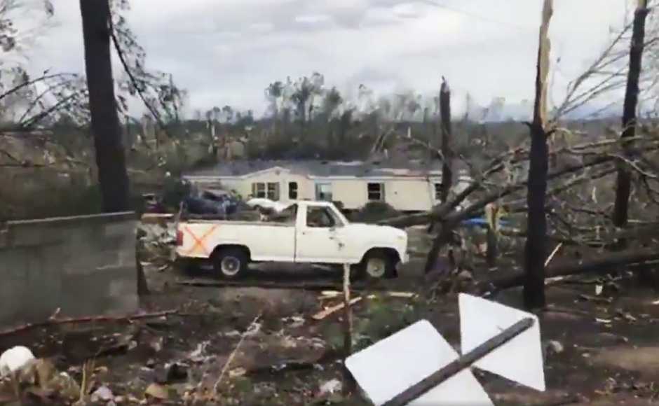 The tornado travelled through a county road into the rural community of Beauregard, destroying homes on its half a mile wide path. AP The tornado travelled through a county road into the rural community of Beauregard, destroying homes on its half a mile wide path. AP