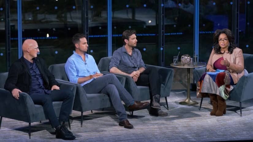 Oprah Winfrey with Wade Robson, James Safechuck and Dan Reed. HBO