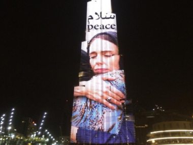 Burj Khalifa lit up with photo of Jacinda Ardern hugging woman after Christchurch shootings as Dubai thanks New Zealand PM's for empathy after Burj Khalifa lit up with photo of Jacinda Ardern hugging woman after Christchurch shootings as Dubai thanks New Zealand PM's for empathy after