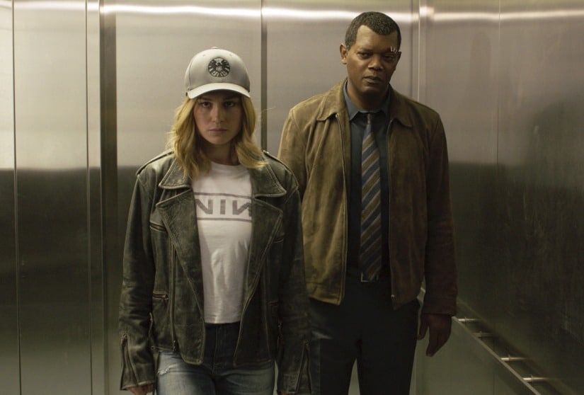 This image released by Disney-Marvel Studios shows Brie Larson, left, and Samuel L. Jackson in a scene from "Captain Marvel." (Disney-Marvel Studios via AP)
