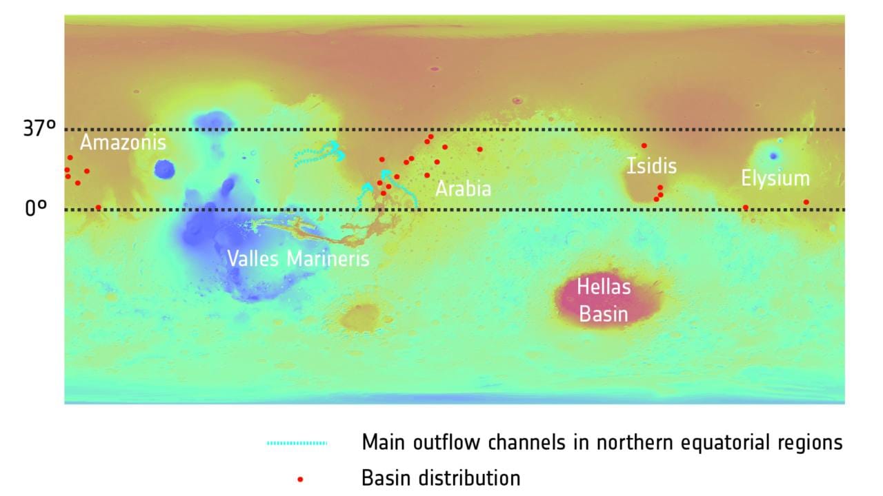 A map of Mars showing how once-watery basins on the planet could have distributed. image courtesy: ESA