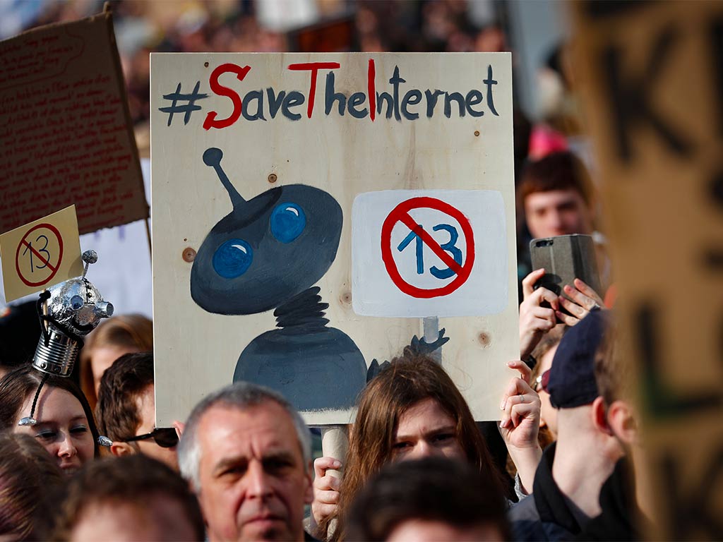 People protest against the planned EU copyright reform in Berlin, Germany. Image: Reuters