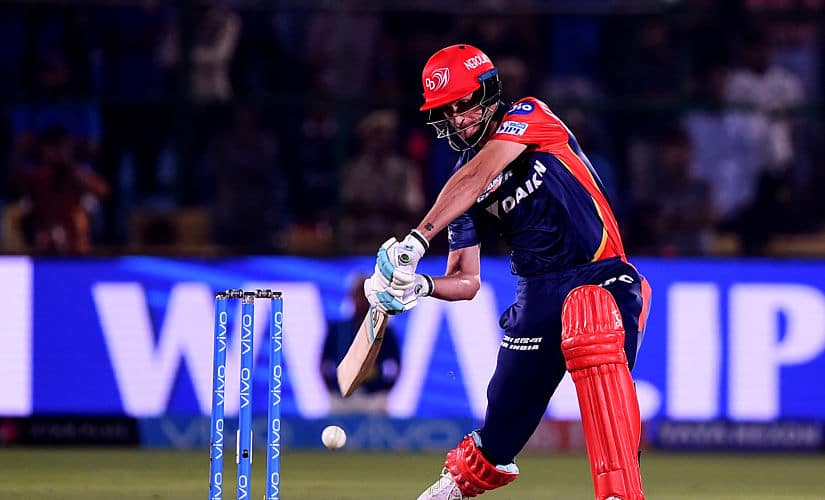 Delhi Daredevils cricketer Chris Morris plays a shot during the 2018 Indian Premier League (IPL) Twenty20 cricket match between Rajasthan Royals and Delhi Daredevils at the Sawai Mansingh Stadium in Jaipur on April 11, 2018. (Photo by CHANDAN KHANNA / AFP) / —-IMAGE RESTRICTED TO EDITORIAL USE - STRICTLY NO COMMERCIAL USE—– / GETTYOUT