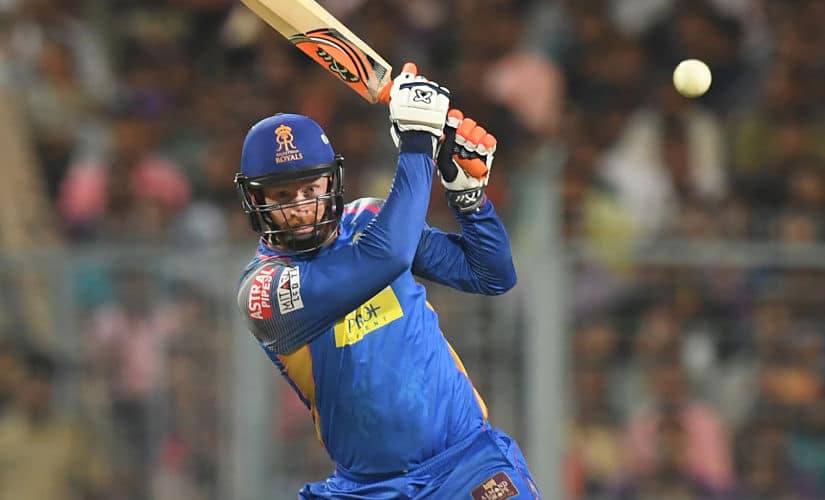 Rajasthan Royals cricketer Heinrich Klaasen plays a shot during the 2018 Indian Premier League (IPL) Twenty20 first eliminator cricket match between Kolkata Knight Riders and Rajasthan Royals at The Eden Gardens Cricket Stadium in Kolkata on May 23, 2018. (Photo by Dibyangshu SARKAR / AFP) / —-IMAGE RESTRICTED TO EDITORIAL USE - STRICTLY NO COMMERCIAL USE—–