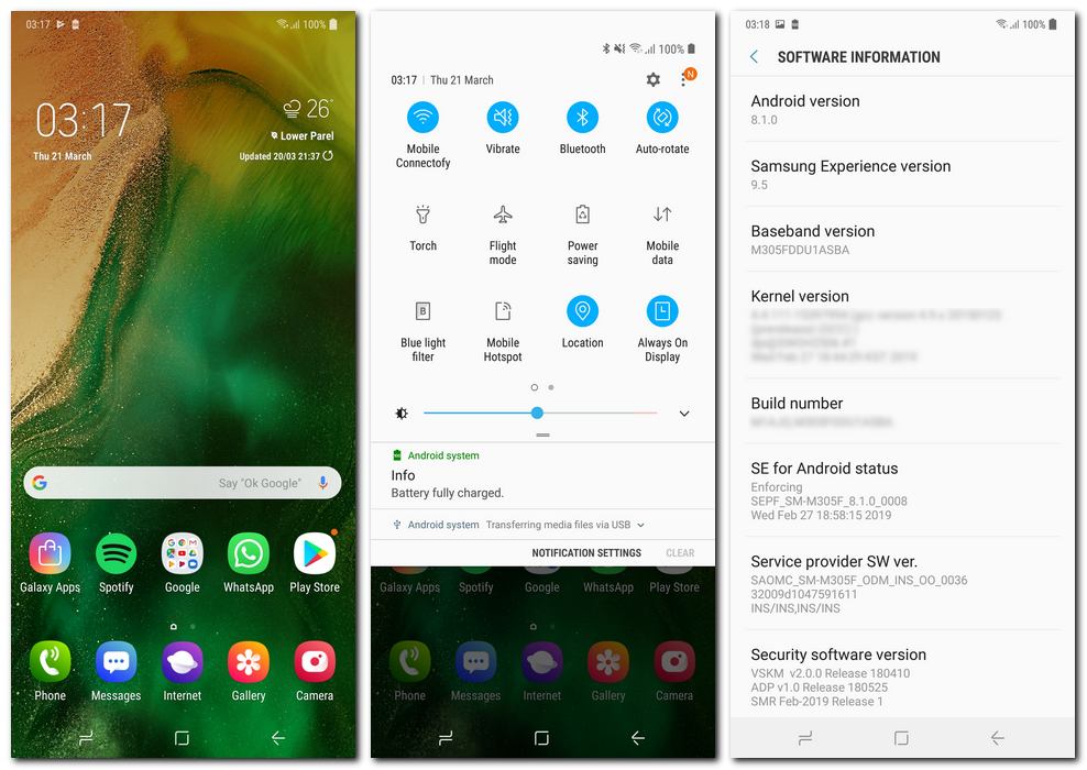 The Galaxy M30 runs Samsung's Experience UI v9.5 built on top of Android Oreo 8.1 with the February 2019 Security patch.