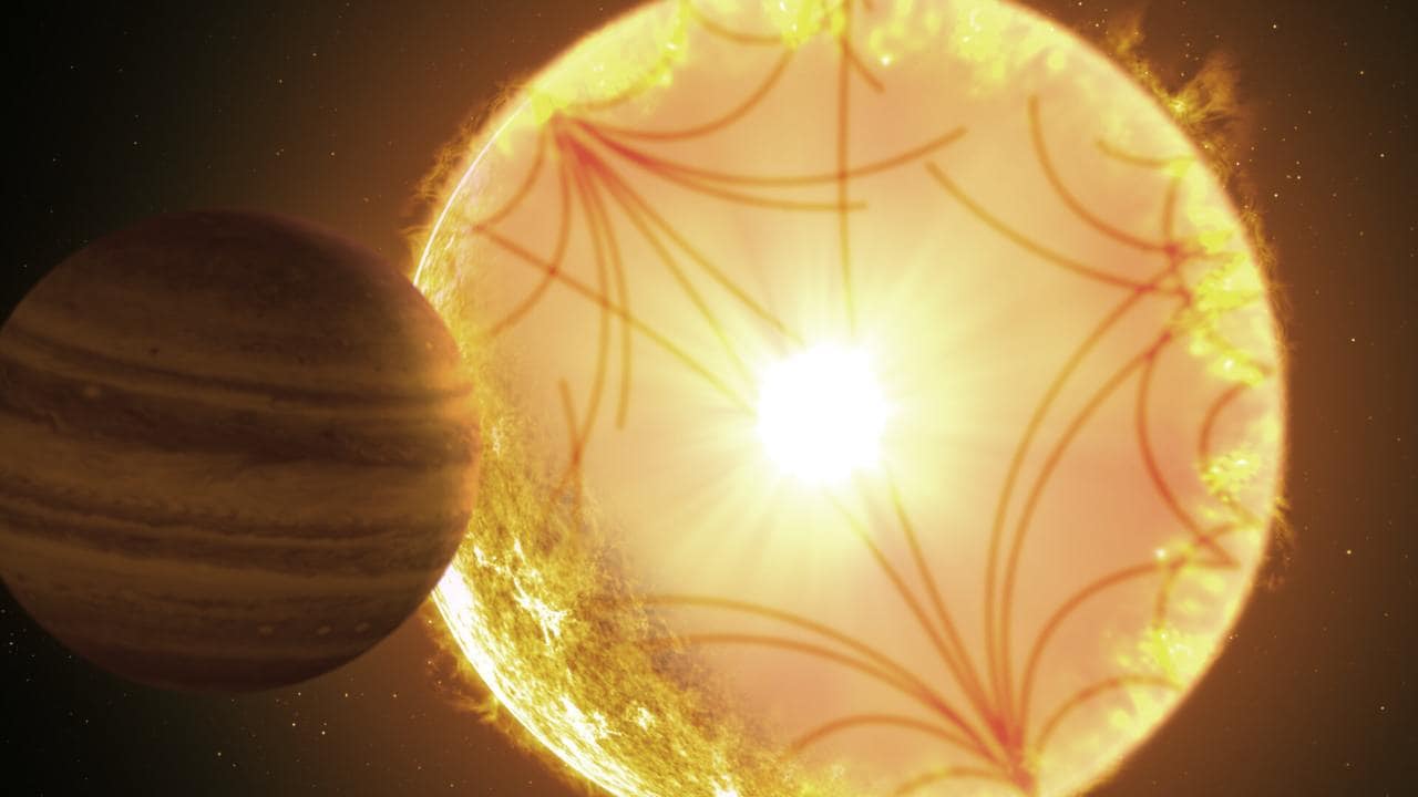 An artist's concept of the Kepler-1658-like system with an exoplanet and its sun. Image credit: Instituto de Astrofísica de Canarias