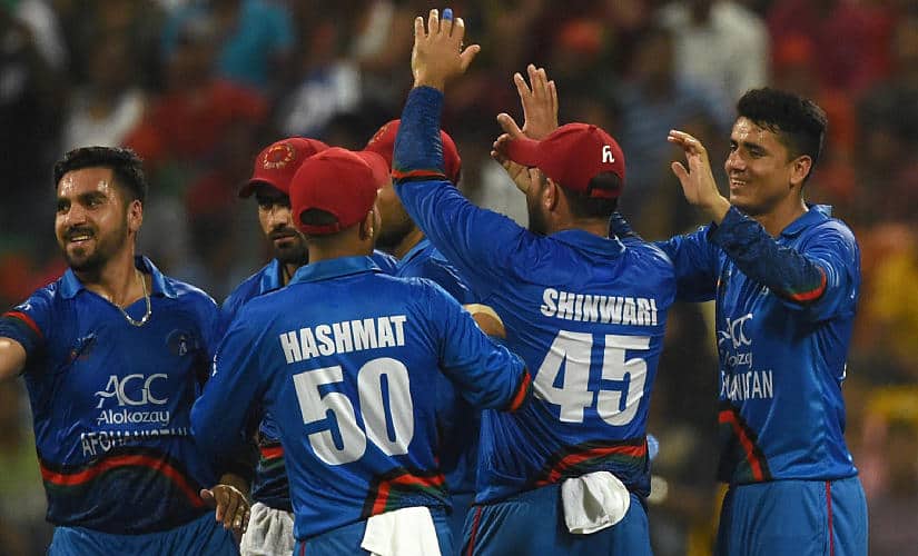 Mujeeb Ur Rahman (extreme right) ended up as Afghanistan’s leading wicket-taker in Ireland ODI series. AFP file image