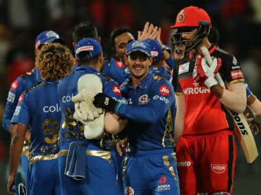 Mumbai Indians celebrate after pulling off a nail-biting six-run win over the Royal Challengers Bangalore. Sportzpics
