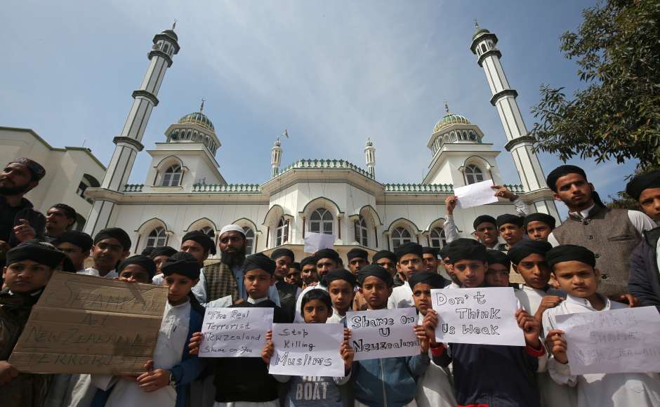 Following the attack, Muslim communities across the globe also expressed outrage. Pictured here is a demonstration being held outside a mosque in Jammu. Reuters Following the attack, Muslim communities across the globe also expressed outrage. Pictured here is a demonstration being held outside a mosque in Jammu. Reuters