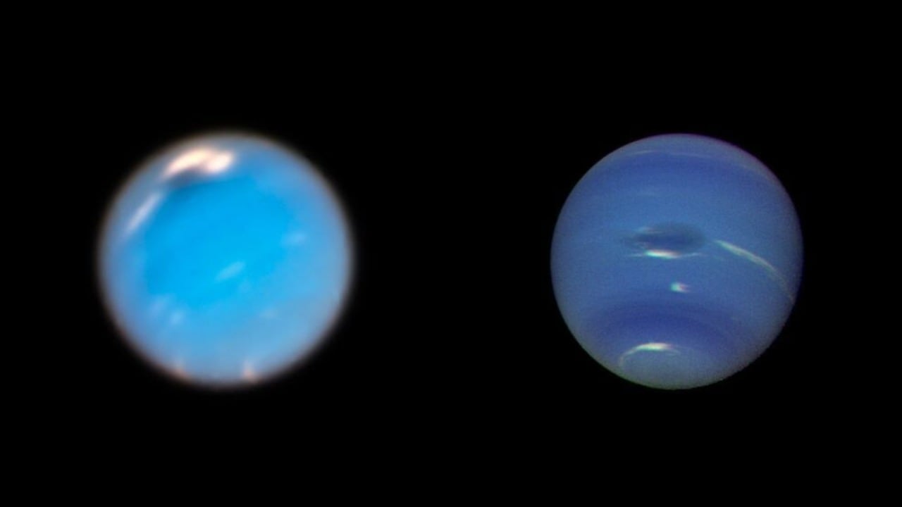 A composite picture of the storms on Neptune as seen from the Hubble Space Telescope (left) and the Voyager 2 spacecraft (right). The Hubble Wide Field Camera 3 image of Neptune, taken in Sept. and Nov. 2018, shows a new dark storm (top center). In the Voyager image, a storm known as the Great Dark Spot is seen at the center. It is about 13,000 km by 6,600 km in size — as large as the Earth in its longer dimension. Image credit: NASA