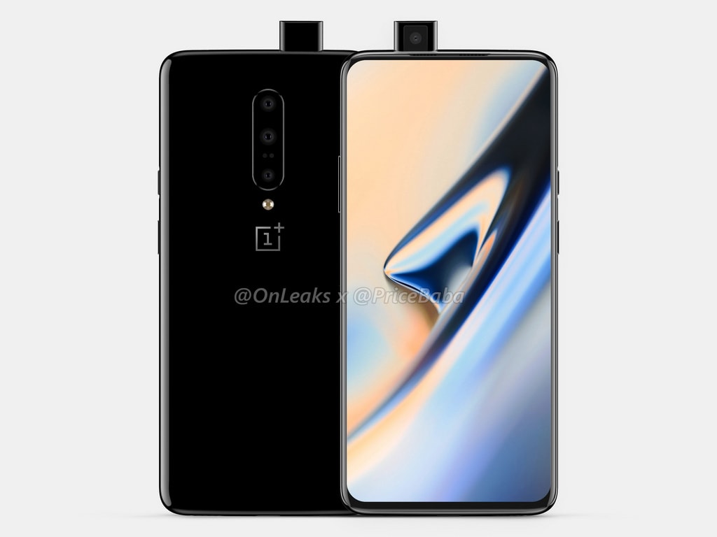 OnePlus 7 front and back as per renders. Image: Onleaks and Pricebaba