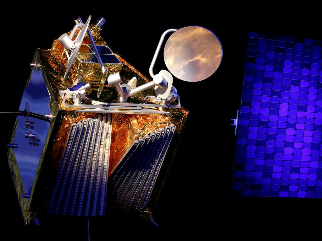 A scale model of an Airbus OneWeb satellite and its solar panel. Reuters