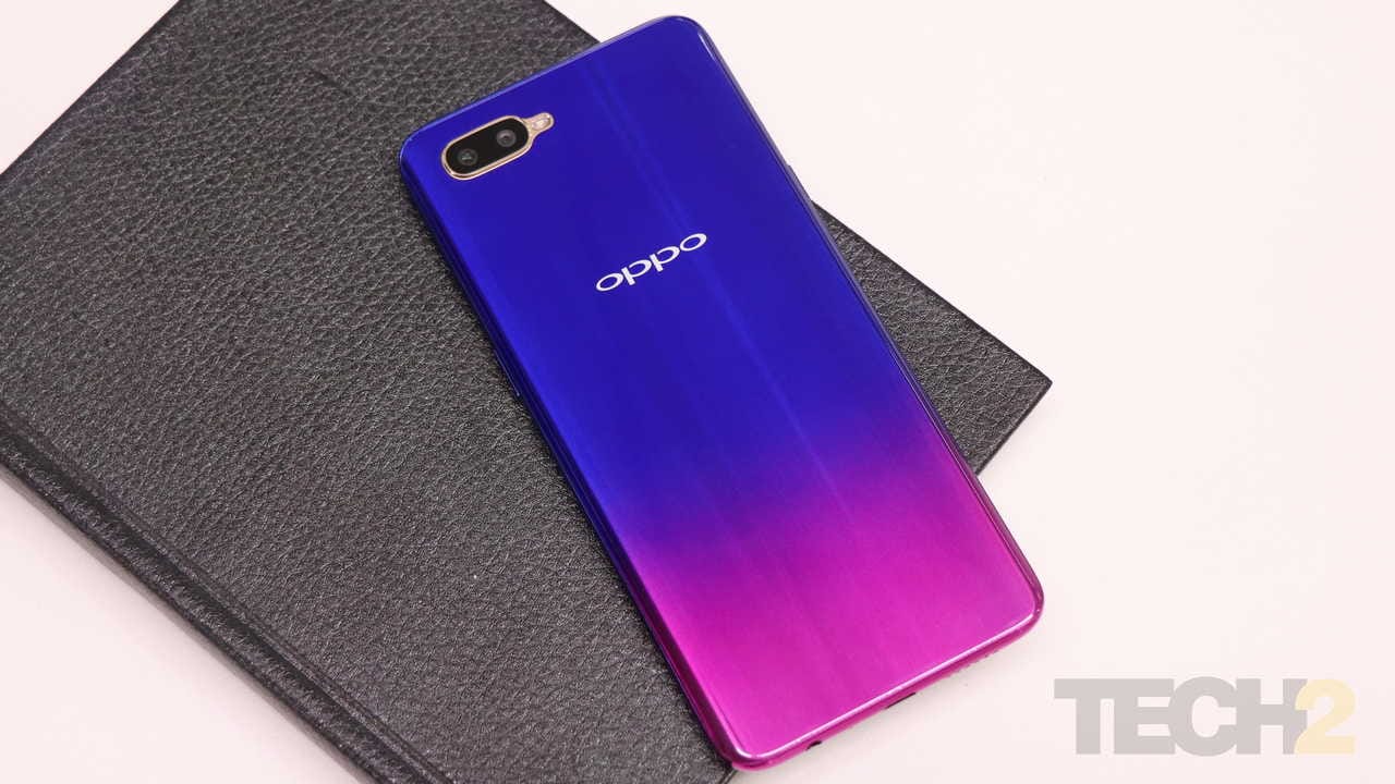 The Oppo K1 features a polycarbonate back with a glossy plastic panel and a two-tone finish. Image: tech2/ Omkar Patne