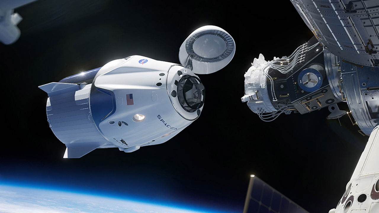Artist's rendering of the Crew Dragon spacecraft docking with the International Space Station. Image: SpaceX