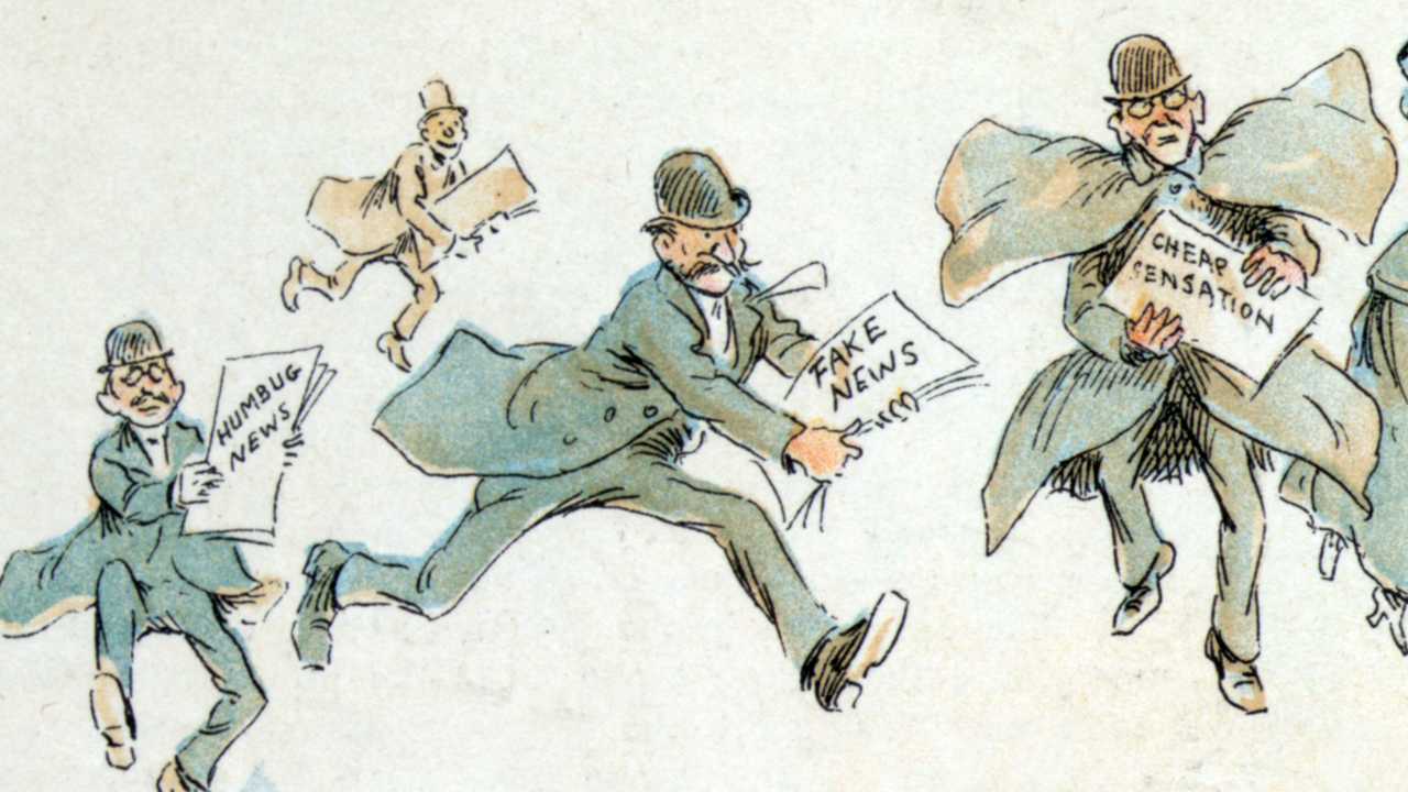 The fin de siècle newspaper proprietor: 3 running men carrying papers with the labels 