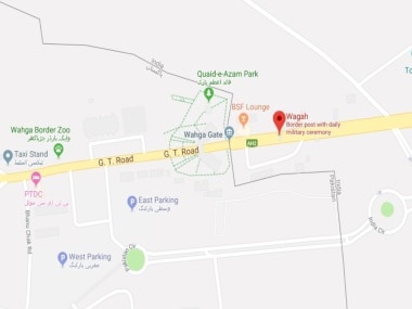 A Google Maps screenshot of the Wagah checkpoint on the India-Pakistan border.