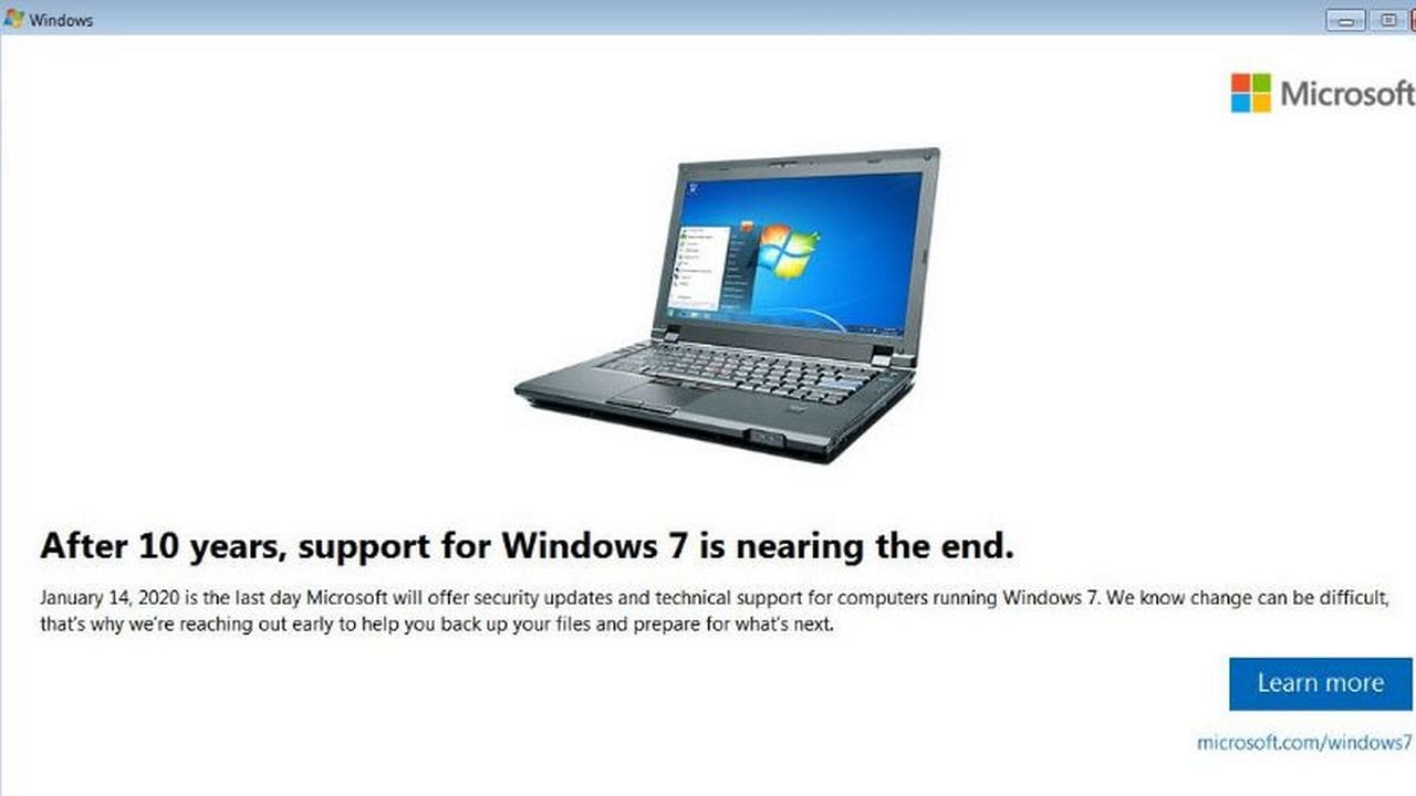 Windows 7 security updates to stop from Jan 2020. Image: Microsoft