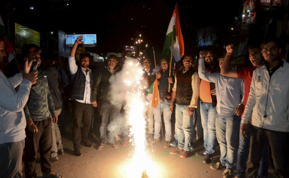 BJP workers in Ranchi celebrate after the release of Varthaman by Pakistan. PTI BJP workers in Ranchi celebrate after the release of Varthaman by Pakistan. PTI