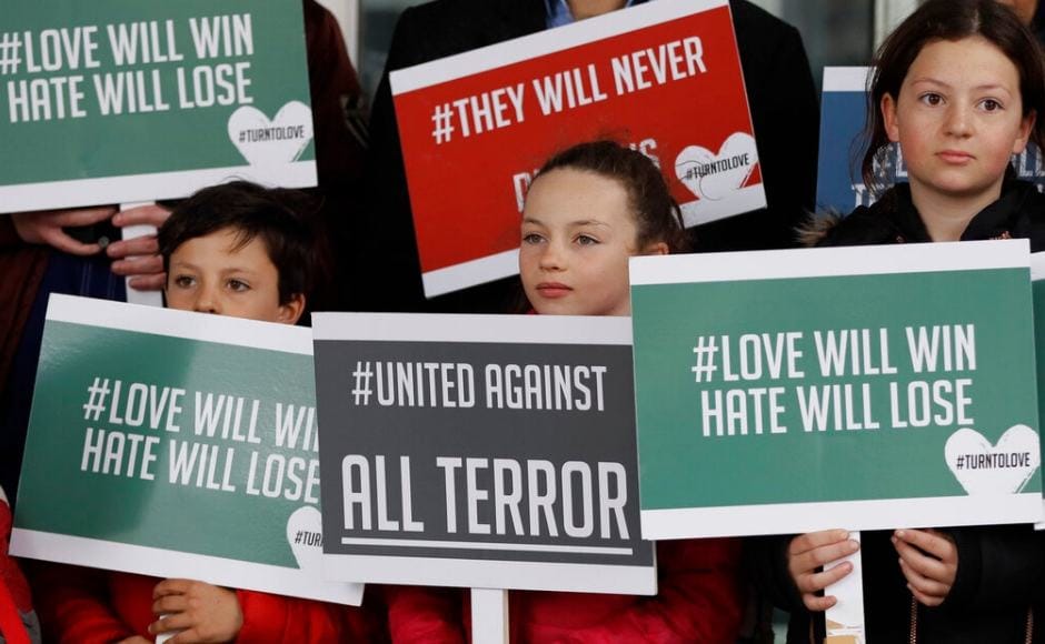 World leaders expressed condolences and condemnation Friday following the deadly attacks on mosques. Young demonstrators held banners from multi-faith group 'Turn to Love' during a vigil at New Zealand House in London. AP World leaders expressed condolences and condemnation Friday following the deadly attacks on mosques. Young demonstrators held banners from multi-faith group 'Turn to Love' during a vigil at New Zealand House in London. AP