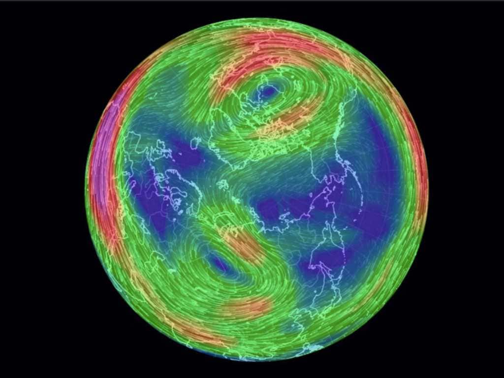 Simulated image of the stratospheric winds over the North Pole on 18 January, 2019, showing the northern polar vortex split into two major parts – one over Canada and one over Russia. NASA