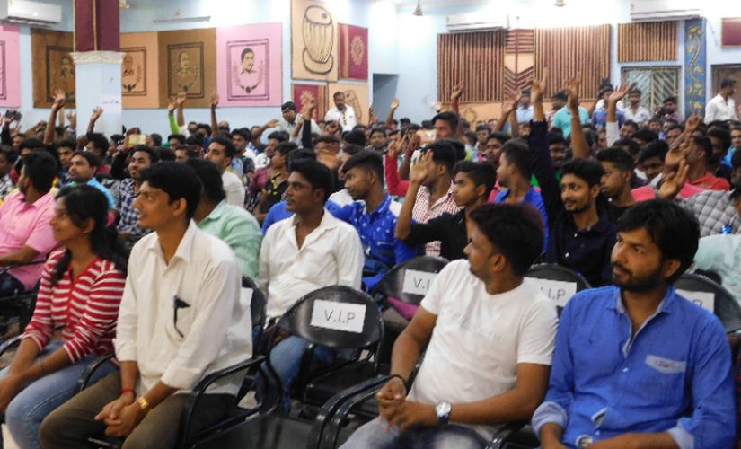 First time voters mostly Trinamool loyalists, overwhelmingly young men, were brought in for a pre-election pep talk. Image by Sandip Roy