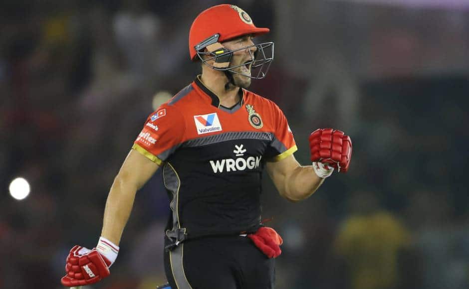 AB de Villiers of Royal Challengers Bangalore celebrates win during match 28 of the Vivo Indian Premier League Season 12, 2019 between the Kings XI Punjab and the Royal Challengers Bangalore held at the IS Bindra Stadium, Mohali on the 13th April 2019 Photo by: Deepak Malik /SPORTZPICS for BCCI