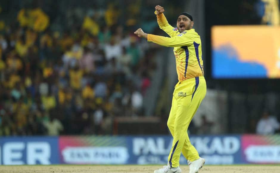 Harbhajan Singh of Chennai Super Kings celebrates the wicket of Mayank Agarwal of Kings XI Punjab during match 18 of the Vivo Indian Premier League Season 12, 2019 between the Chennai Superkings and the Kings XI Punjab held at the M. A. Chidambaram Stadium in Chennai, Tamil Nadu on the 6th April 2019 Photo by: Ron Gaunt /SPORTZPICS for BCCI