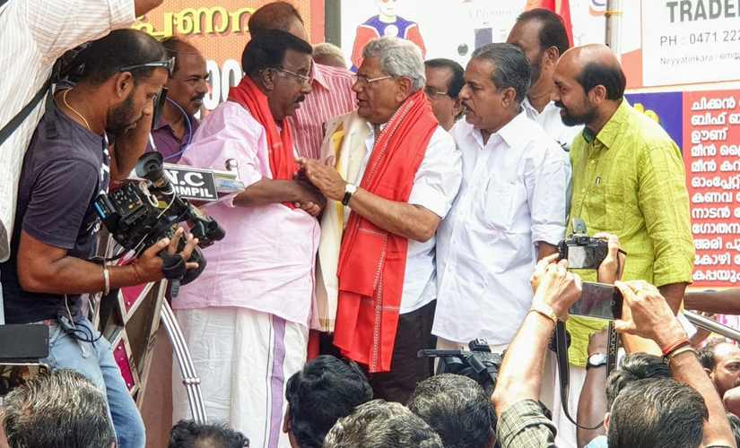CPI's Thiruvananthapuram candidate C Divakaran with Sitaram Yechury during campaign. Twitter@CDivakaran_CPI
