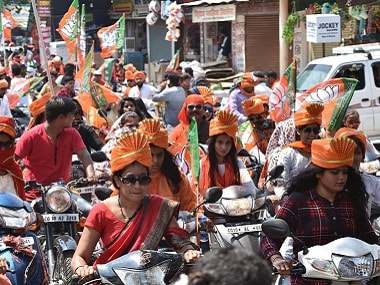 BJP women workers and ABVP activists at a bike rally in Chhattisgarh. Firstpost/Debobrat Ghose