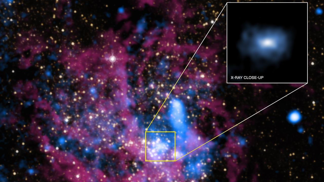 A close-up of the Sagittarius A* black hole in the Milky Way seen in X-rays only by NASA's Chandra Observatory. The falsely blue coloured--rays being emitted are from hot gas captured by the black hole that are being pulled inwards. Image: NASA