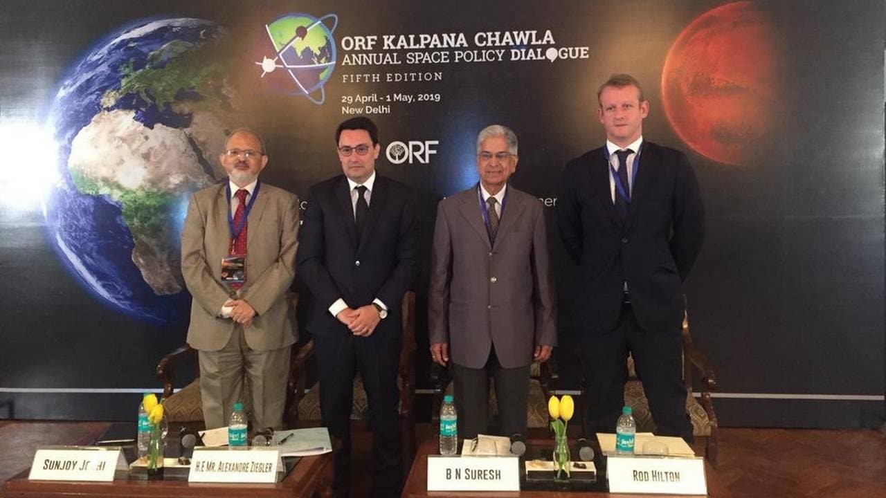 Alexandre Zieglier, the france envoy to india giving his keynote speech to the ORF kalpana chawla . Image credit; Twitter 