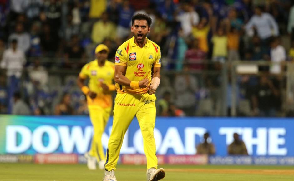 Deepak Chahar of Chennai Super Kings celebrates the wicket of Quinton de Kock of Mumbai Indians during match 15 of the Vivo Indian Premier League Season 12, 2019 between the Mumbai Indians and the Chennai Super Kings held at the Wankhede Stadium in Mumbai on the 3rd April 2019 Photo by: Vipin Pawar /SPORTZPICS for BCCI