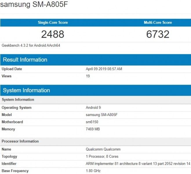 Samsung Galaxy A80 spotted on Geekbench. Image: Geekbench