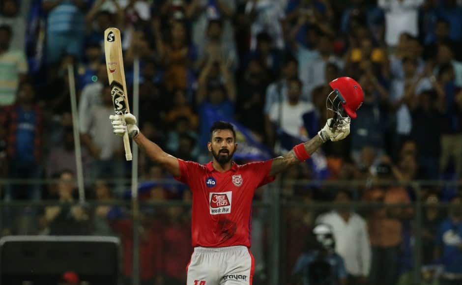 KL Rahul of Kings XI Punjab raises his bat after scoring a hundred during match 24 of the Vivo Indian Premier League Season 12, 2019 between the Mumbai Indians and the Kings XI Punjab held at the Wankhede Stadium in Mumbai on the 10th April 2019 Photo by: Vipin Pawar /SPORTZPICS for BCCI
