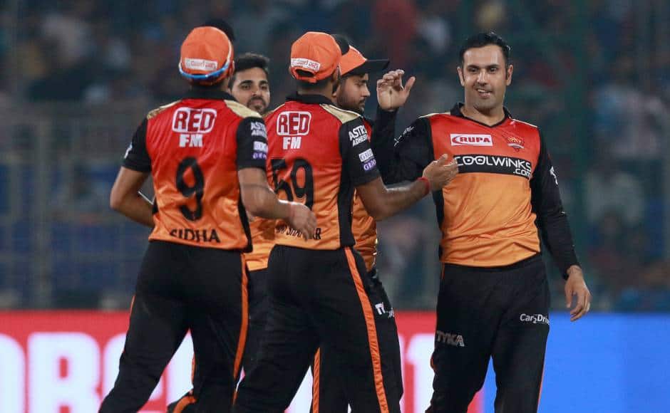 Mohammad Nabi of SRH celebrates after takes a wicket of Shikhar Dhawan of DC during match 16 of the Vivo Indian Premier League Season 12, 2019 between the Delhi Capitals and the Sunrisers Hyderabad held at the Feroz Shah Kotla Ground, Delhi on the 4th April 2019 Photo by: Rahul Gulati /SPORTZPICS for BCCI