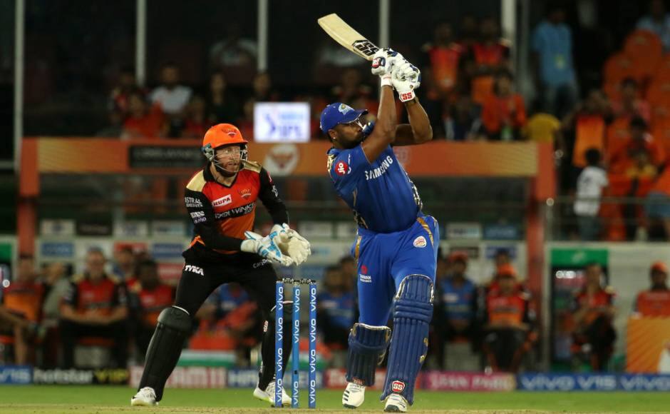 Kieron Pollard of Mumbai Indians plays a shot during match 19 of the Vivo Indian Premier League Season 12, 2019 between the Sunrisers Hyderabad and the Mumbai Indians held at the Rajiv Gandhi Intl. Cricket Stadium, Hyderabad on the 6th April 2019 Photo by: Vipin Pawar /SPORTZPICS for BCCI