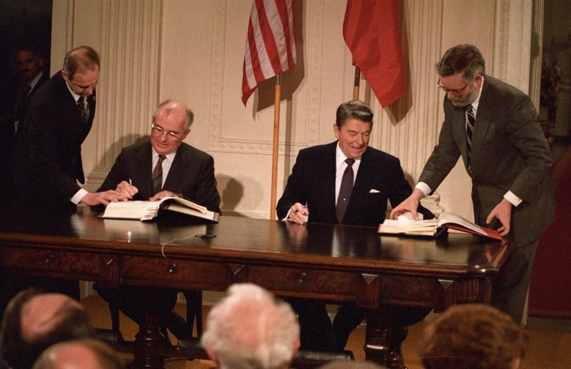 US President Ronald Reagan and Soviet President Mikhail Gorbachev sign the Intermediate-range Nuclear Forces Treaty at the White House in Washington on 8 December, 1987. Reuters