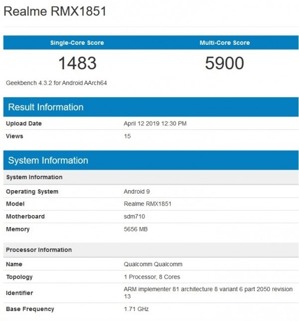 Realme 3 Pro listed on the Geekbench website.