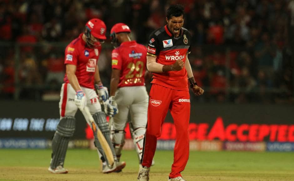 Navdeep Saini of Royal Challengers Bangalore celebrates the wicket of David Miller of Kings XI Punjab during match 42 of the Vivo Indian Premier League Season 12, 2019 between the Royal Challengers Bangalore and the Kings XI Punjab held at the M Chinnaswamy Stadium in Bengaluru on the 24th April 2019 Photo by: Vipin Pawar /SPORTZPICS for BCCI