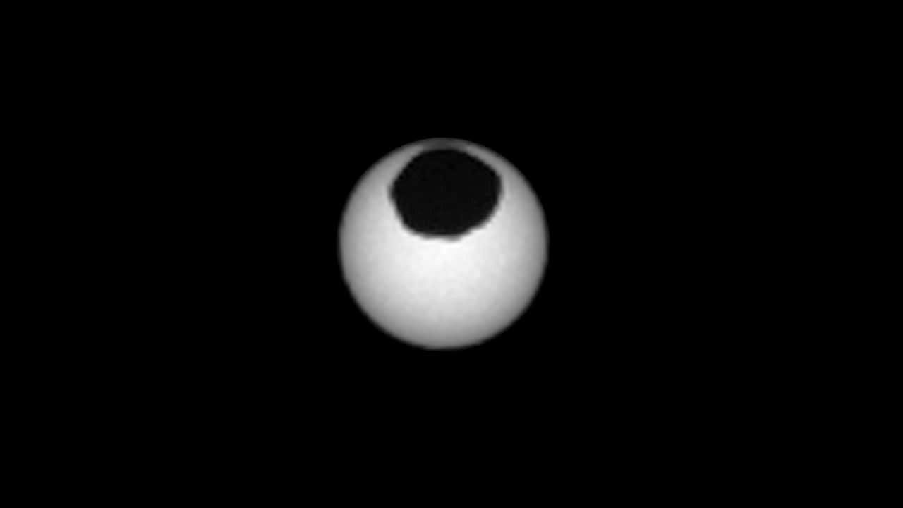 Image of a solar eclipse by Mars' moon Phobos as seen on Mars by the Curiosity rover on 26 March, 2019. Image: NASA/JPL