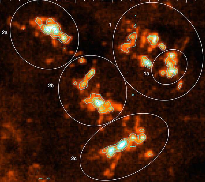 The ovals in the image are the major regions inside the molecular cloud, including the smaller 1a, which is very efficient at producing stars. Image credit: Charles K