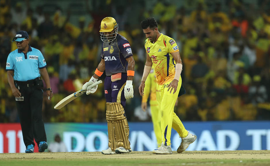 Deepak Chahar (extreme right) gave a brilliant start to CSK in the match after they won the toss and asked KKR to bat first. He removed Chris Lynn, Nitish Rana and Robin Uthappa upfront to dent KKR's chances early on in the innings. He was declared the Player of the Match. Sportzpics Deepak Chahar (extreme right) gave a brilliant start to CSK in the match after they won the toss and asked KKR to bat first. He removed Chris Lynn, Nitish Rana and Robin Uthappa upfront to dent KKR's chances early on in the innings. He was declared the Player of the Match. Sportzpics